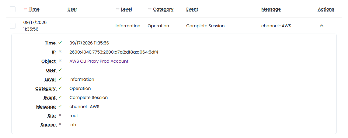 AWS CLI Proxy Complete Session Event Report Log Entry