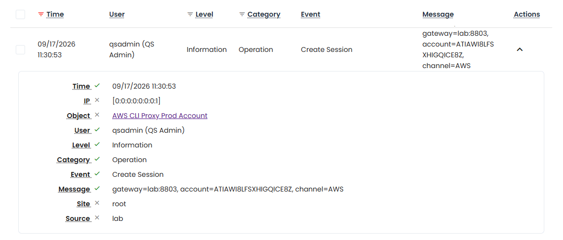 AWS CLI Proxy Create Session Event Report Log Entry