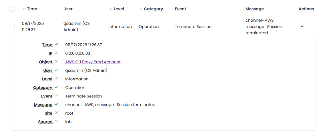 AWS CLI Proxy Terminate Session Event Report Log Entry